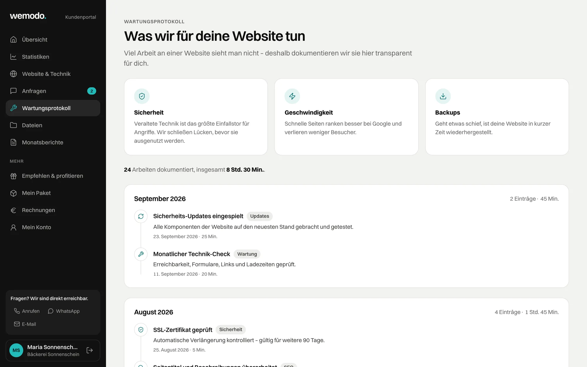 Wartungsprotokoll des Portals: jede Arbeit an der Website mit Datum, Art und Dauer, nach Monaten gruppiert