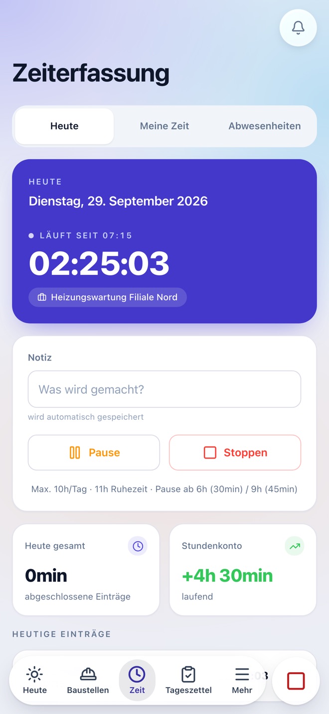 Werkerly: laufende Zeiterfassung auf dem Smartphone